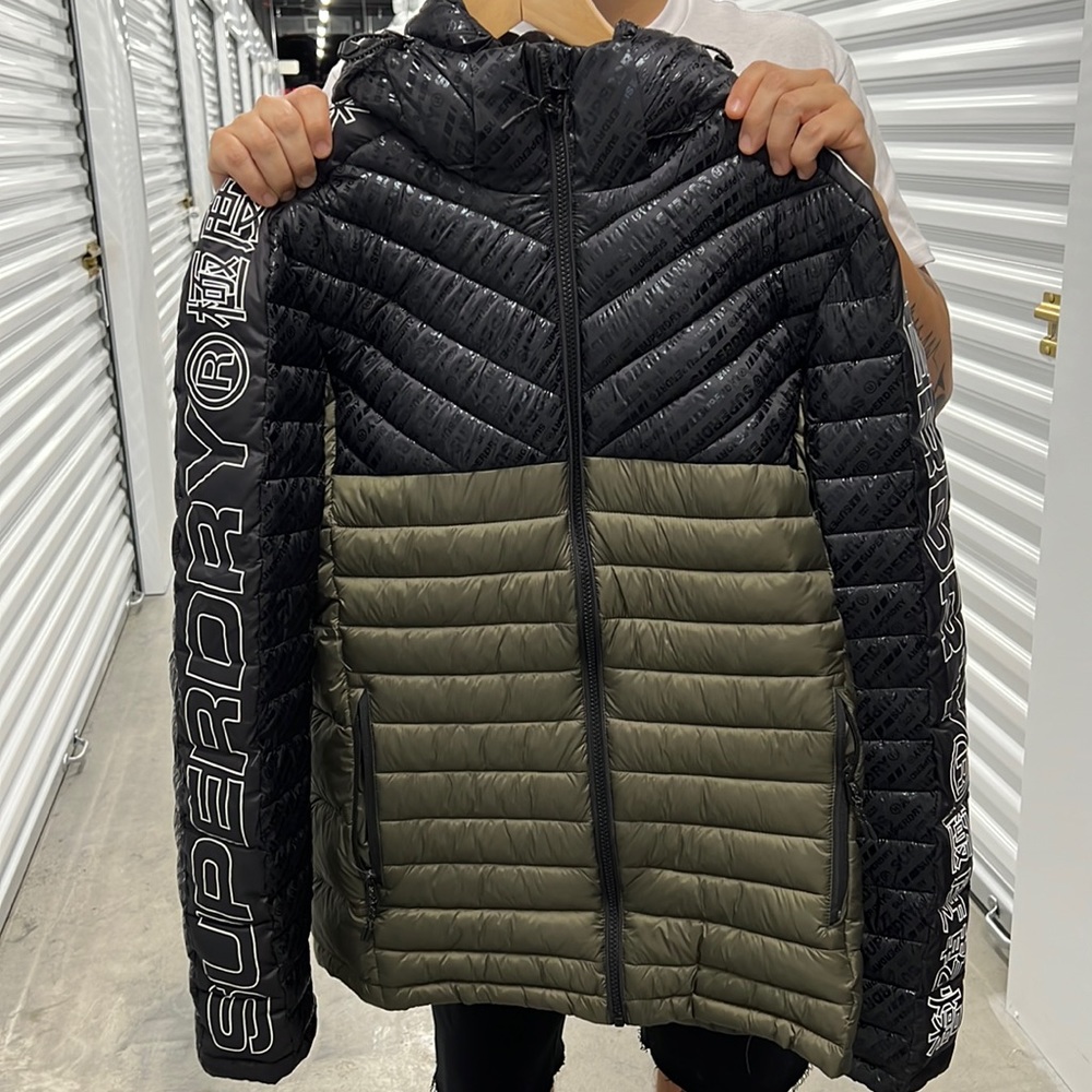 Black and Army Green Puffer Hooded Jacket with side pockets and Logo on Sleeves